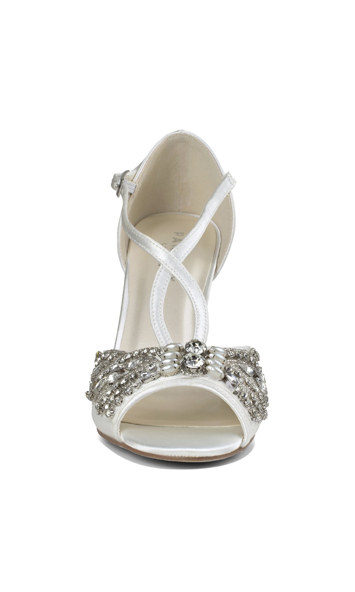 The Elin Ivory Satin Prom Shoes by Paradox London (P2204) showcase a stiletto heel, ankle strap, and silver rhinestone-embellished toe strap for an elegant jeweled look.